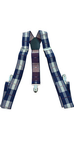 Adjustable Y Style Blue Gray Square Pattern Suspenders With 3 Metal Clips