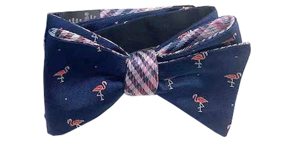 Men's Self Tie Freestyle Silk Blue Bow Tie with Flamingos