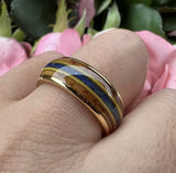Whisky Wood Guitar String Blue Opal Inlay Gold Tungsten Ring