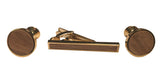 Gold Plated Plated Wooden Inlay Tie Clip & Round Cufflinks With Black Gift Box