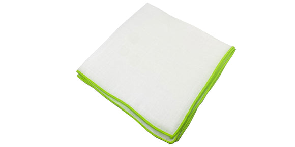 White Linen Pocket Square with Lime Green Embroidered Edge