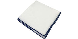 White Linen Pocket Square with Navy Blue Embroidered Edge