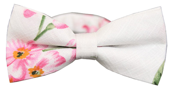 Men's Pre-Tied White Pink Spring Blossom Floral Bow Tie Adjustable Neck Wedding Party Bowtie