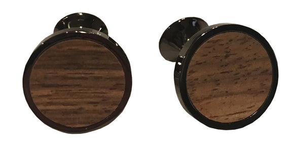 Black Rhodium Plated Wood Inlay Round Cufflinks With Black Gift Box