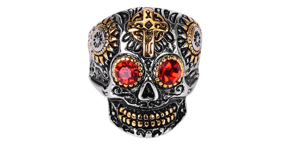 Two Tone Gold & Silver Plated Stainless Steel Sugar Skull Gothic Cross Ring With Red Rhinestone Eyes