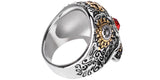 Two Tone Gold & Silver Plated Stainless Steel Sugar Skull Gothic Cross Ring With Red Rhinestone Eyes