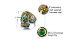 Two Tone Gold & Silver Plated Stainless Steel Sugar Skull Gothic Cross Ring With Green Rhinestone Eyes