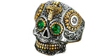 Two Tone Gold & Silver Plated Stainless Steel Sugar Skull Gothic Cross Ring With Green Rhinestone Eyes