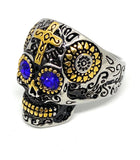 Two Tone Gold & Silver Plated Stainless Steel Sugar Skull Gothic Cross Ring with Blue Rhinestone Eyes