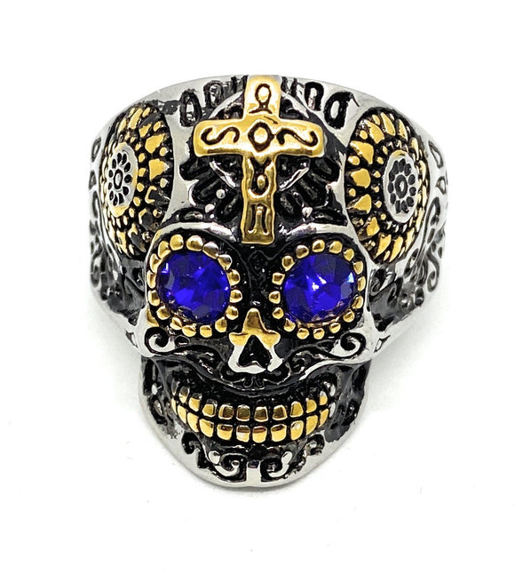 Two Tone Gold & Silver Plated Stainless Steel Sugar Skull Gothic Cross Ring with Blue Rhinestone Eyes