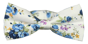 Men's Pre-Tied White Blue Floral Bow Tie Adjustable Neck Wedding Party Bowtie